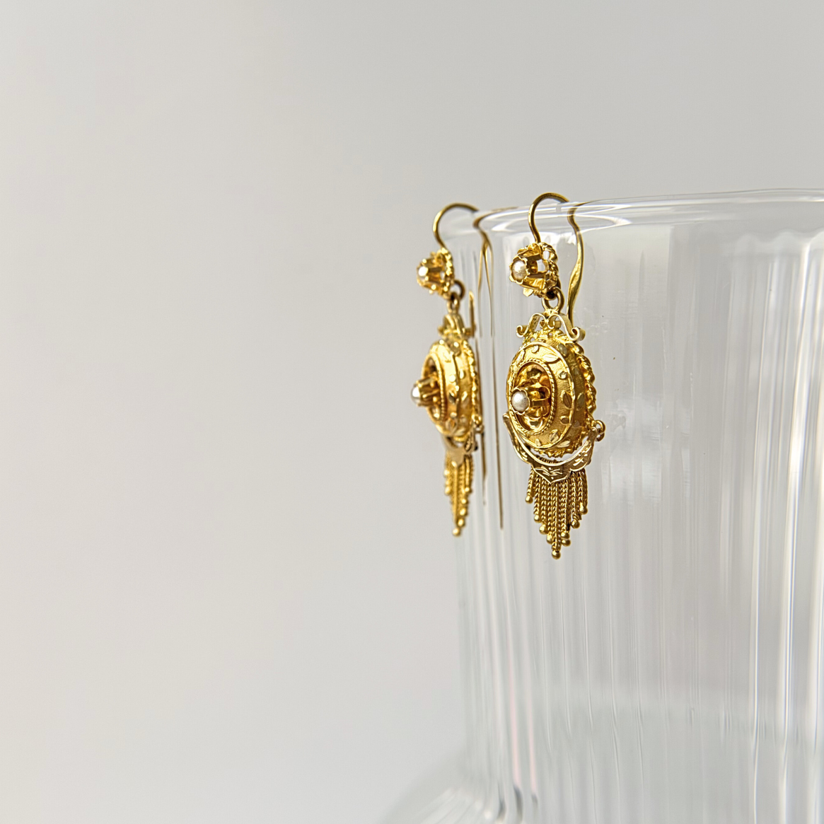 Antique 18k Yellow Gold Victorian French Tassel & Imitation Pearls Earrings
