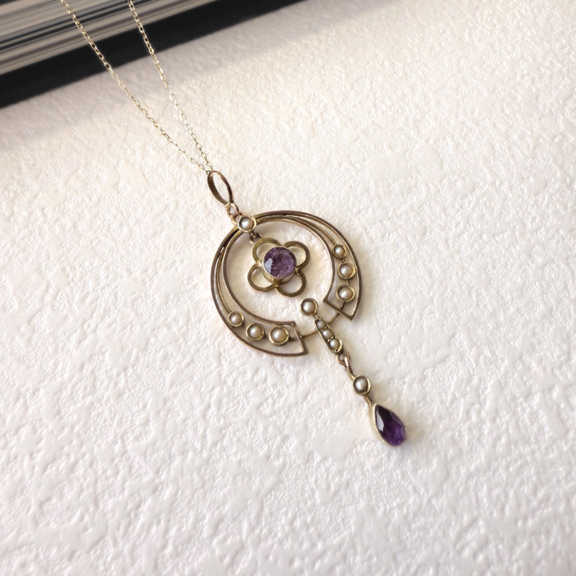 Antique 9K Edwardian Amethyst Pearl Pendant