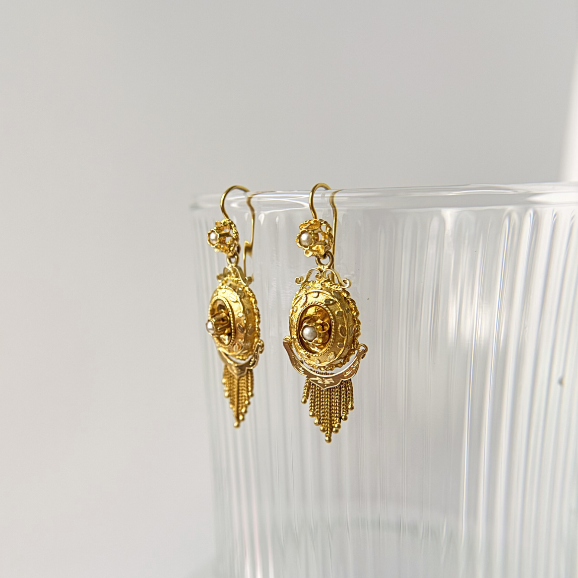 Antique 18k Yellow Gold Victorian French Tassel & Imitation Pearls Earrings