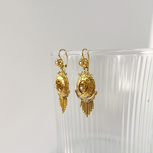 Antique 18k Victorian French Tassel & Seed Pearls Yellow Gold Earrings
