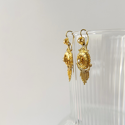 Antique 18k Yellow Gold Victorian French Tassel & Imitation Pearls Earrings