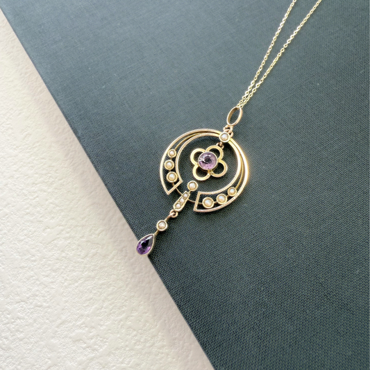 Antique 9K Edwardian Amethyst Pearl Pendant